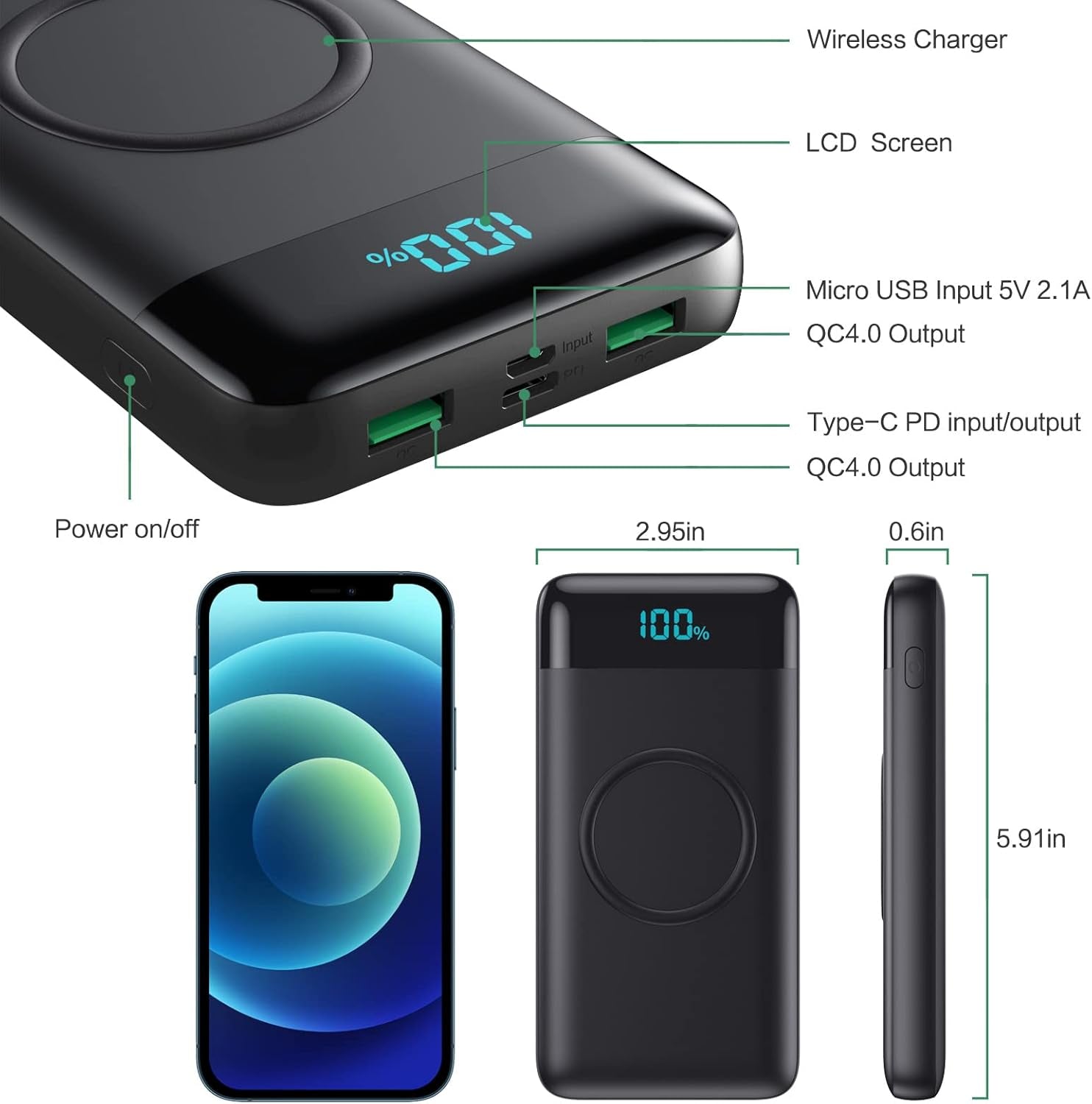 Wireless Portable Charger 30,800Mah 15W Wireless Charging 25W PD QC4.0 Fast Charging Smart LCD Display USB-C Power Bank, 4 Output External Battery Pack Compatible with Iphone 16/15/14/13, Samsung Etc