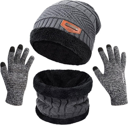 Winter Knit Beanie Hat Neck Warmer Scarf and Touch Screen Gloves Set 3 Pcs Fleece Lined Skull Cap for Men Women