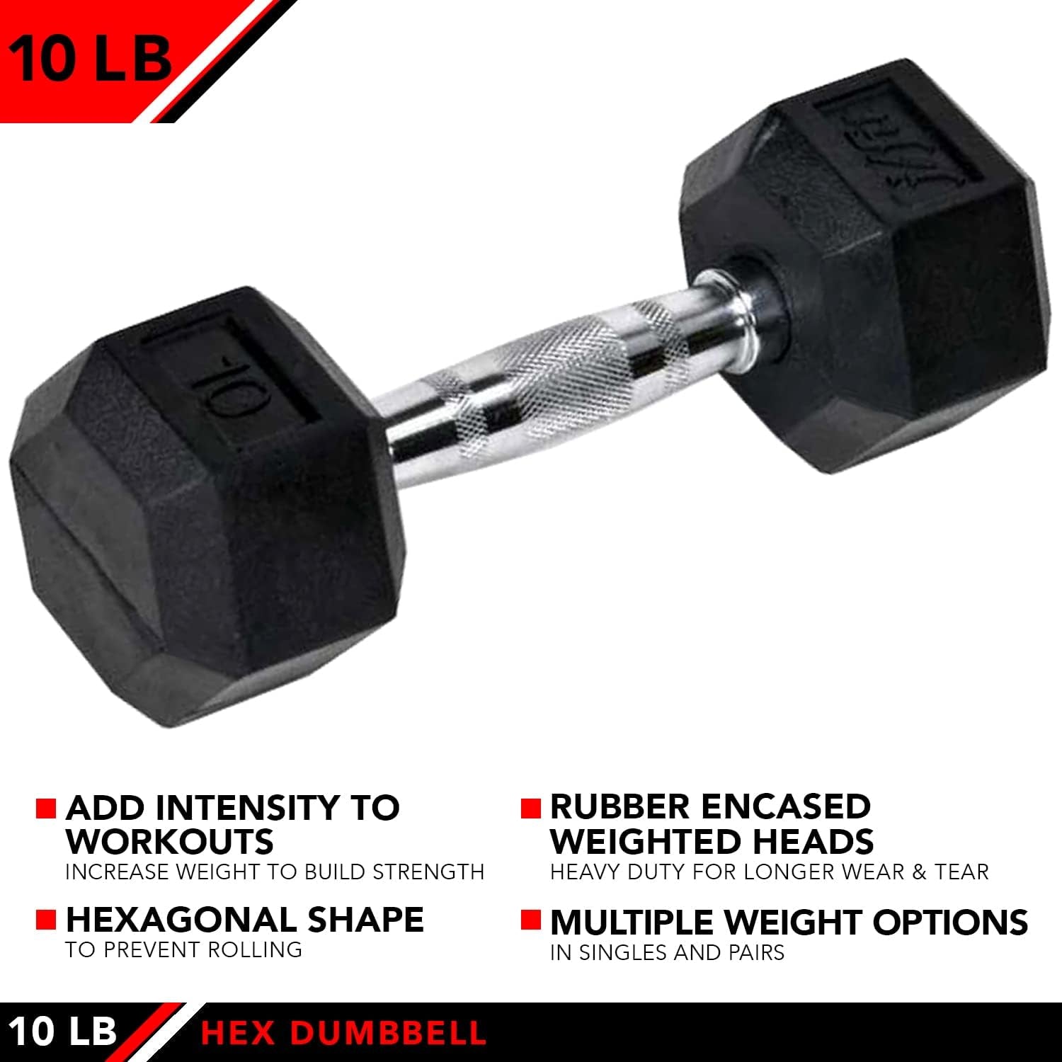 Rubber Hex Dumbbells - 8 Size Options - Hex Shaped Heads Prevent Rolling and Injury - Ergonomic Hand Weights for Exercise, Muscle, Strength and Weight Training