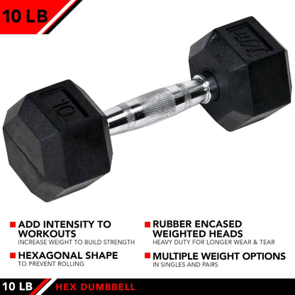 Rubber Hex Dumbbells - 8 Size Options - Hex Shaped Heads Prevent Rolling and Injury - Ergonomic Hand Weights for Exercise, Muscle, Strength and Weight Training