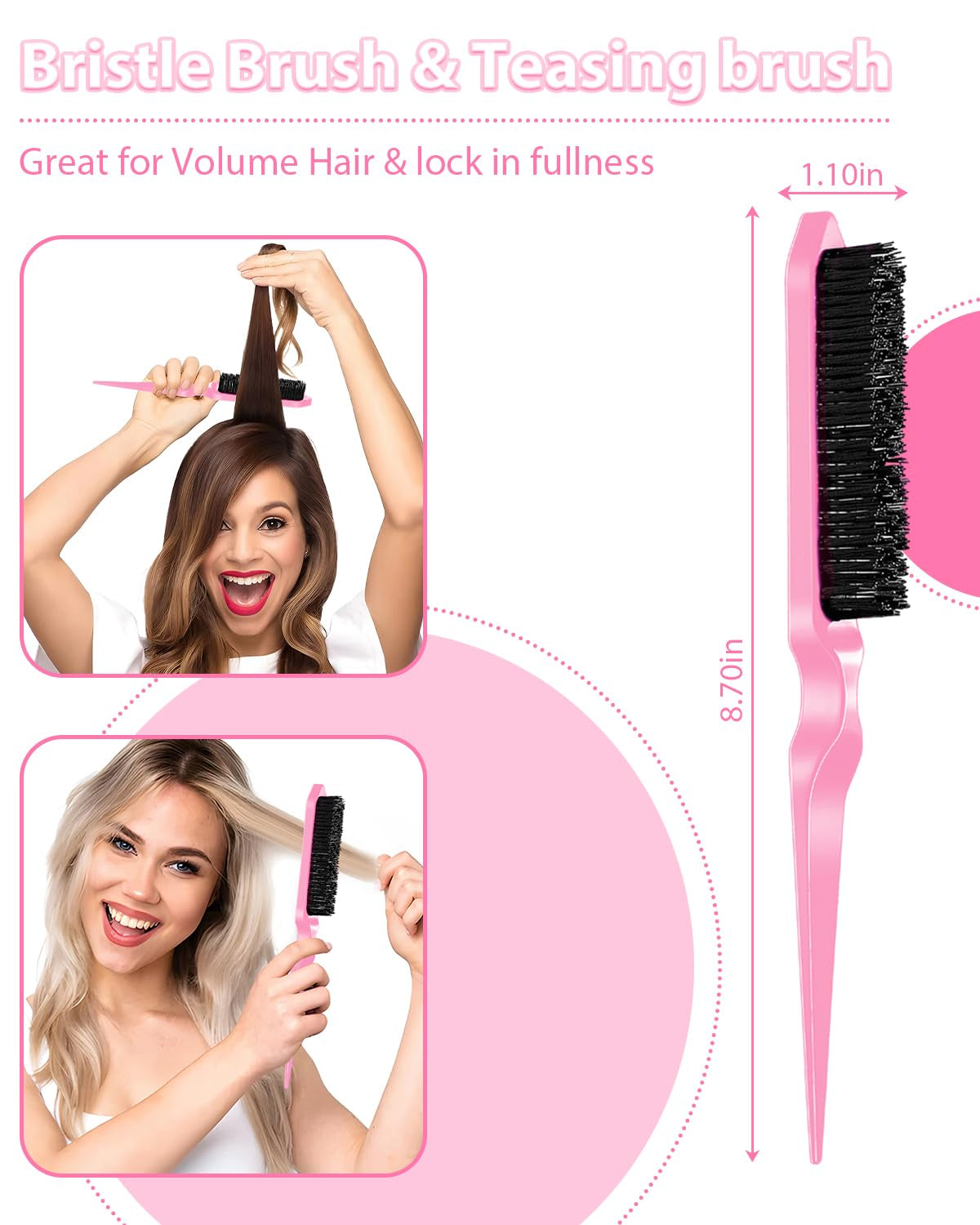 Pink Slick Back Hair Brush - Rat Tail Comb for Hair Parting, Teasing Comb for Enhancing Volume and Fullness, Edge Brush for Controlling Flyaways