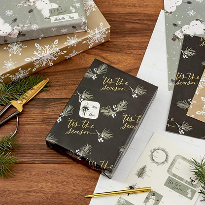 Christmas Flat Wrapping Paper Sheets with Cutlines on Reverse (12 Folded Sheets with Sticker Gift Tags) Metallic Gold, Sage Green, Black, Rustic Snowmen, Snowflakes, "Tis the Season"