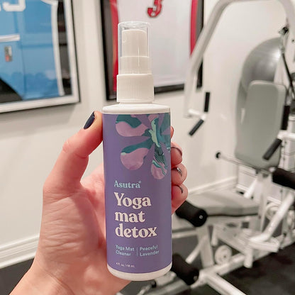 Yoga Mat Cleaner Spray (Peaceful Lavender), 4 Fl Oz - No Slippery Residue, Organic Essential Oils, Deep-Cleansing for Fitness Gear & Gym Equipment, Microfiber Towel Included