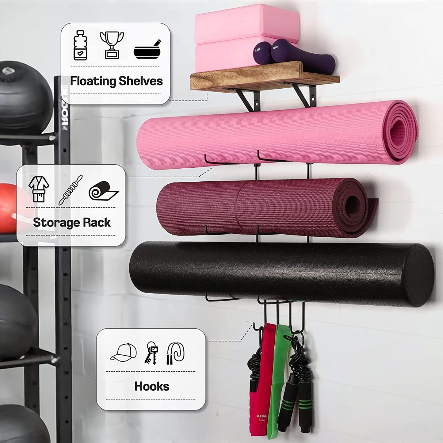 Yoga Mat Holder Wall Mount Yoga Mat Storage Home Gym Accessories with Wood Floating Shelves and 4 Hooks for Hanging Foam Roller and Resistance Bands Fitness Home Gym Carbonized Black