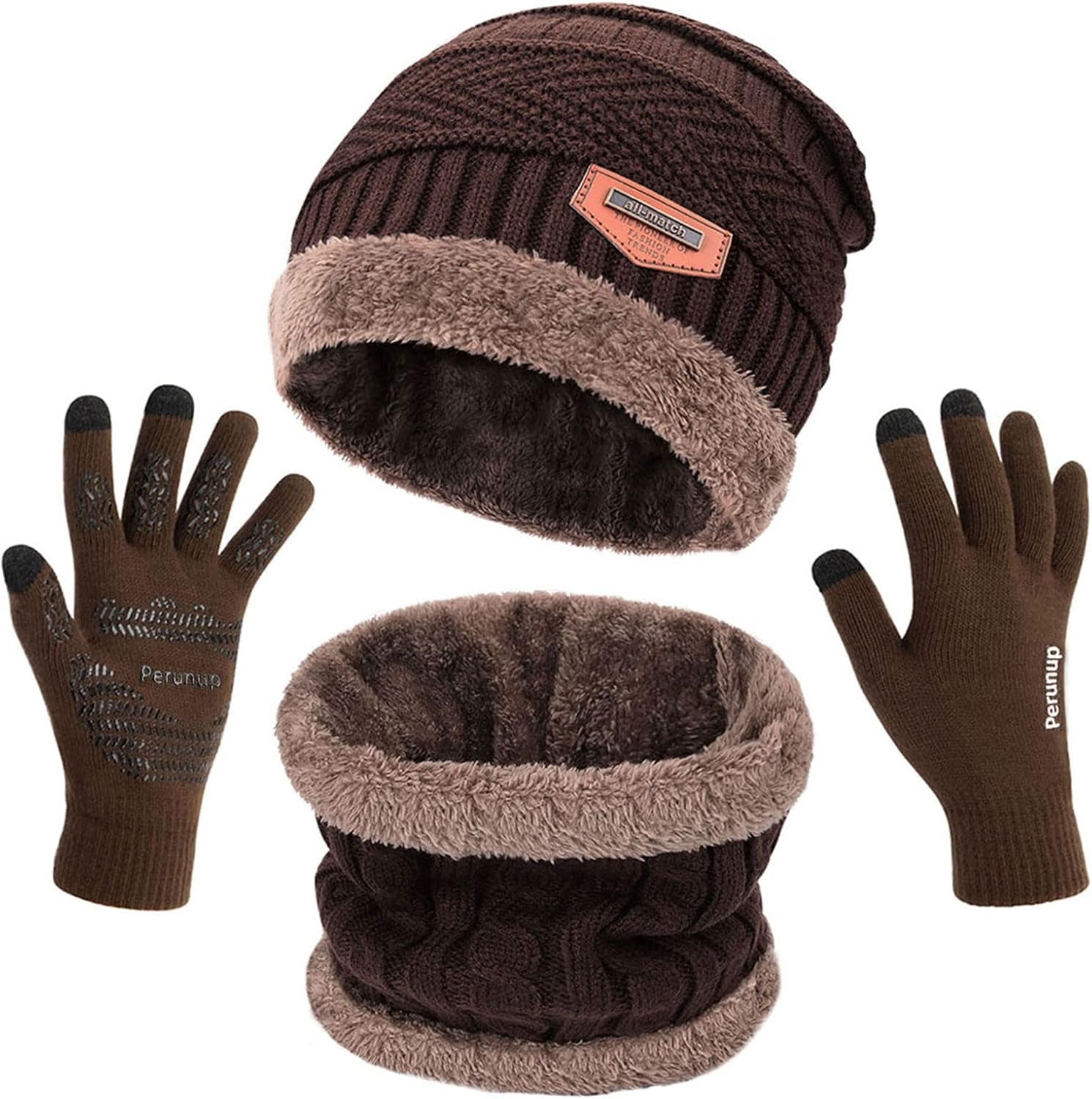 Winter Knit Beanie Hat Neck Warmer Scarf and Touch Screen Gloves Set 3 Pcs Fleece Lined Skull Cap for Men Women