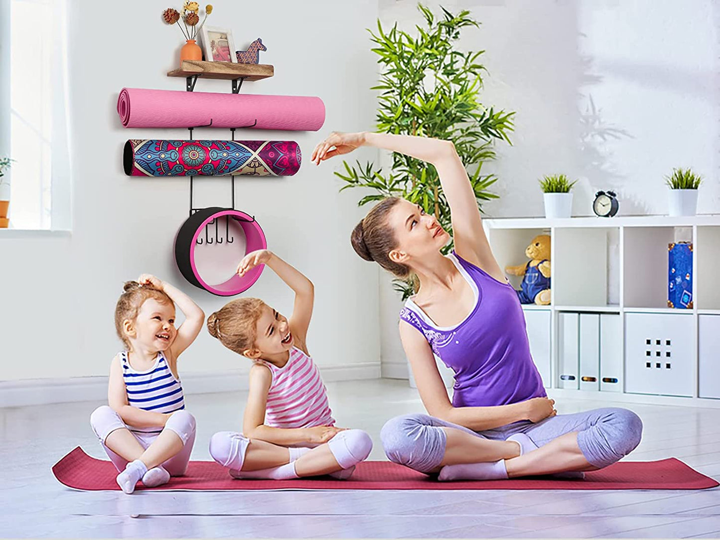 Yoga Mat Holder Wall Mount Yoga Mat Storage Home Gym Accessories with Wood Floating Shelves and 4 Hooks for Hanging Foam Roller and Resistance Bands Fitness Home Gym Carbonized Black