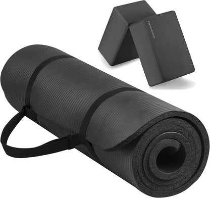 All Purpose 1/2-Inch Extra Thick High Density Anti-Tear Exercise Yoga Mat with Carrying Strap with Optional Yoga Blocks, Multiple Colors