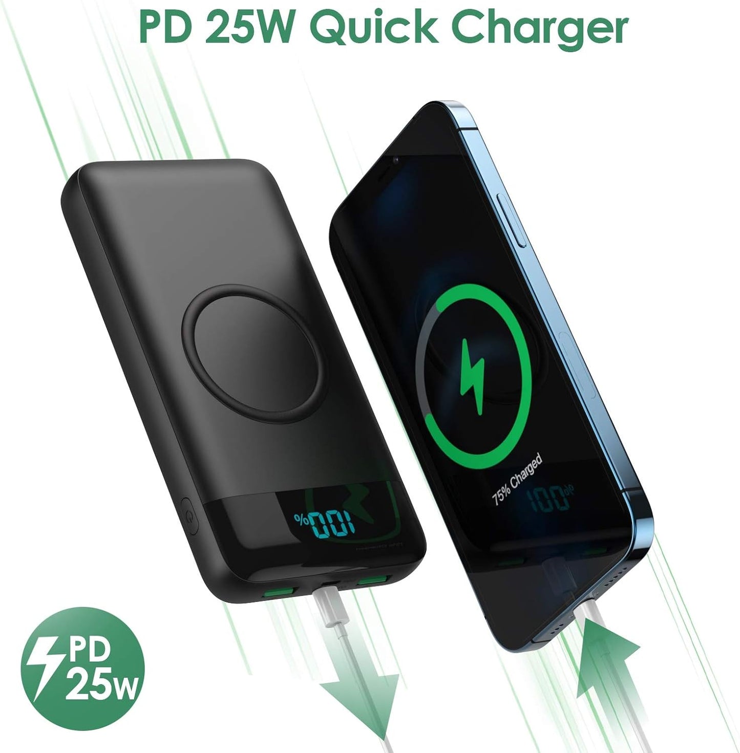 Wireless Portable Charger 30,800Mah 15W Wireless Charging 25W PD QC4.0 Fast Charging Smart LCD Display USB-C Power Bank, 4 Output External Battery Pack Compatible with Iphone 16/15/14/13, Samsung Etc