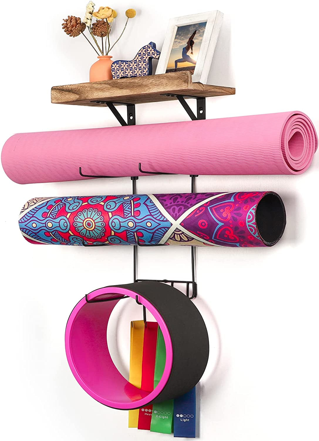 Yoga Mat Holder Wall Mount Yoga Mat Storage Home Gym Accessories with Wood Floating Shelves and 4 Hooks for Hanging Foam Roller and Resistance Bands Fitness Home Gym Carbonized Black