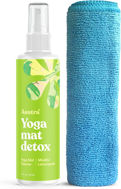 Yoga Mat Cleaner Spray (Peaceful Lavender), 4 Fl Oz - No Slippery Residue, Organic Essential Oils, Deep-Cleansing for Fitness Gear & Gym Equipment, Microfiber Towel Included