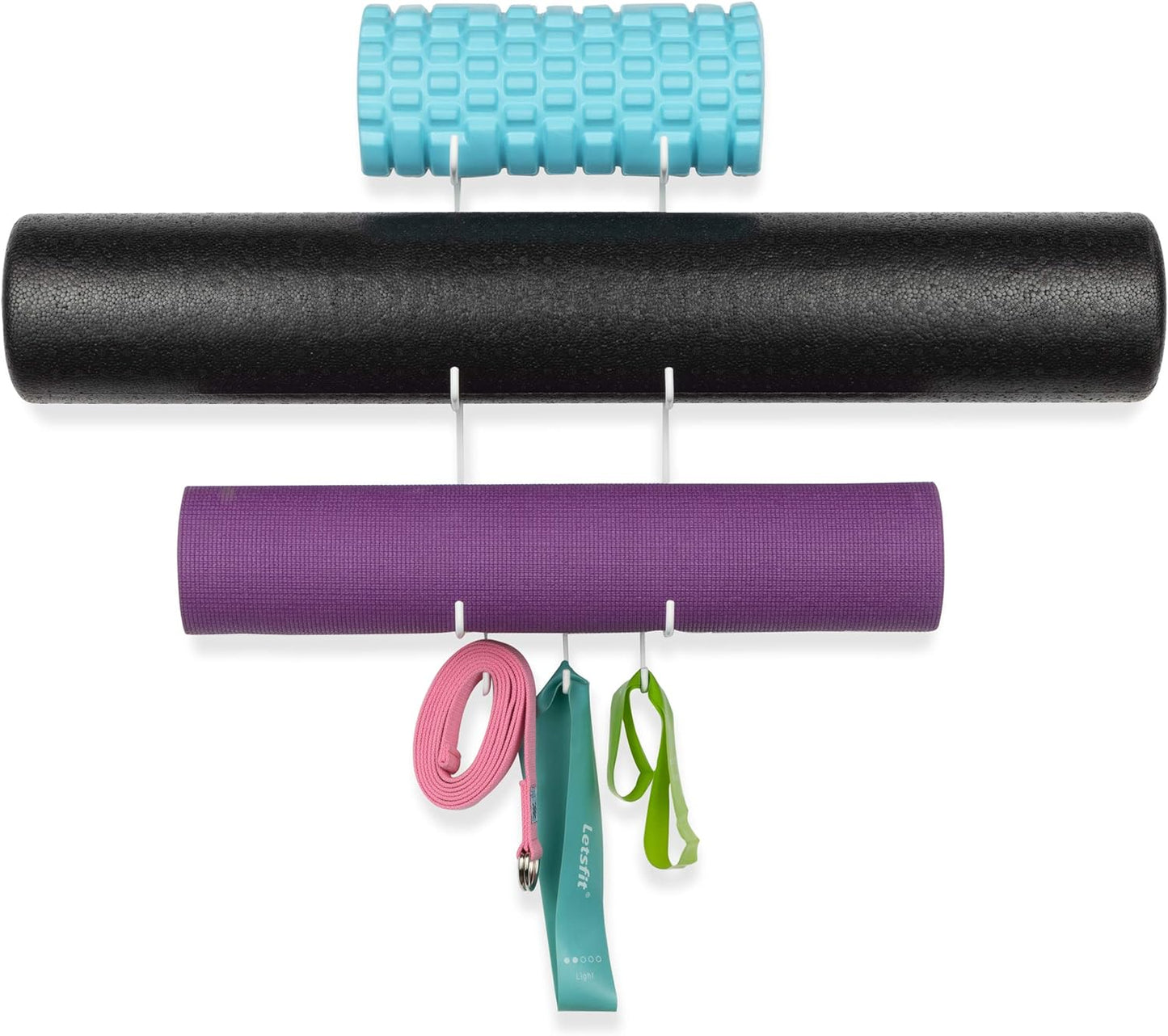 Guru Wall Mount Yoga Mat Foam Roller and Towel Rack with 3 Hooks for Hanging Yoga Strap and Resistance Bands, 3-Sectional Metal