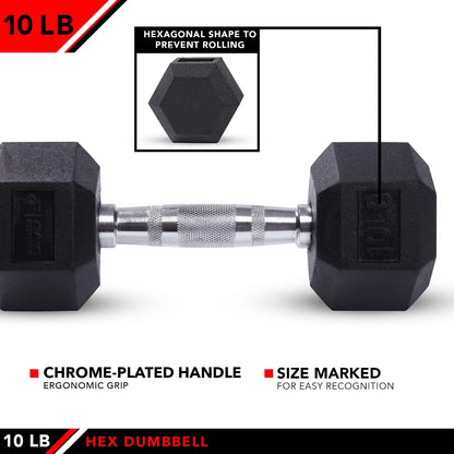 Rubber Hex Dumbbells - 8 Size Options - Hex Shaped Heads Prevent Rolling and Injury - Ergonomic Hand Weights for Exercise, Muscle, Strength and Weight Training