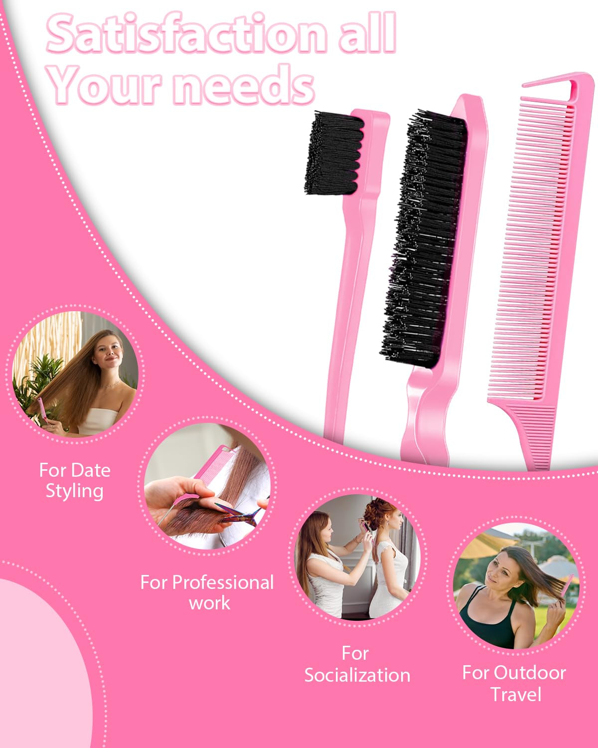 Pink Slick Back Hair Brush - Rat Tail Comb for Hair Parting, Teasing Comb for Enhancing Volume and Fullness, Edge Brush for Controlling Flyaways