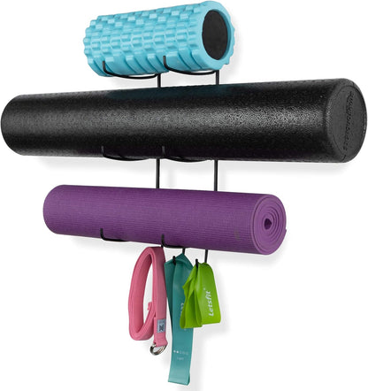 Guru Wall Mount Yoga Mat Foam Roller and Towel Rack with 3 Hooks for Hanging Yoga Strap and Resistance Bands, 3-Sectional Metal