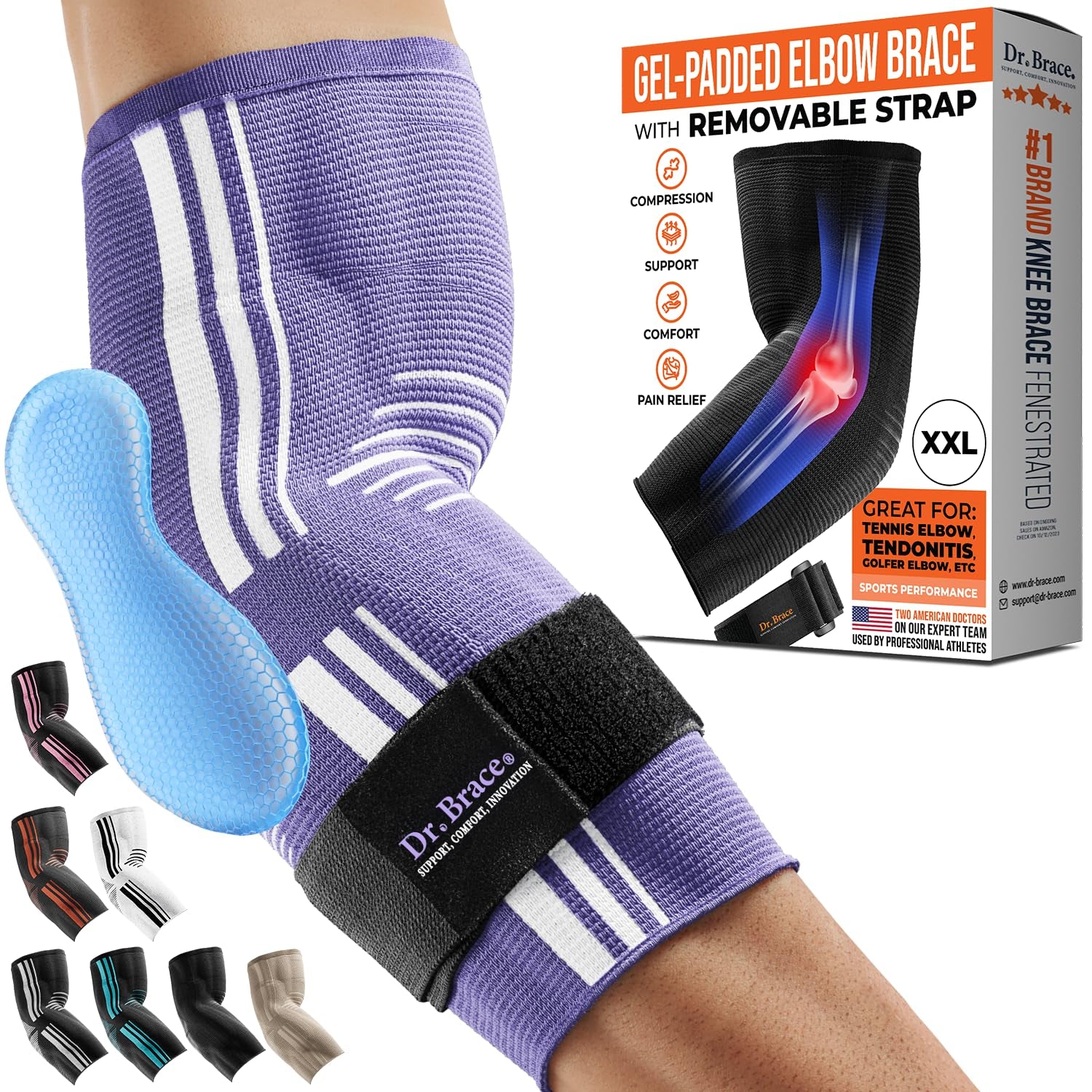 ® Elite Elbow Brace Support, Breathable Elbow Compression Sleeve with Gel Pad for Golfer'S, Tennis Elbow & Tendonitis Treatment & Pain Relief 2024 (Purple-White, Small)