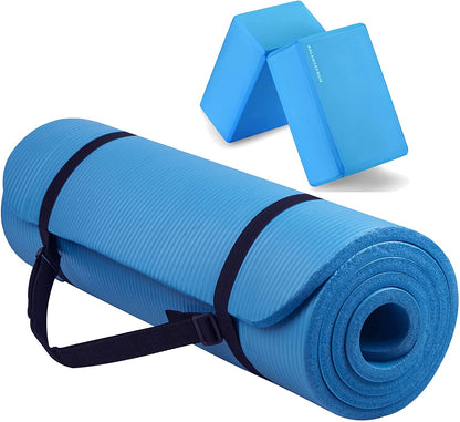 All Purpose 1/2-Inch Extra Thick High Density Anti-Tear Exercise Yoga Mat with Carrying Strap with Optional Yoga Blocks, Multiple Colors