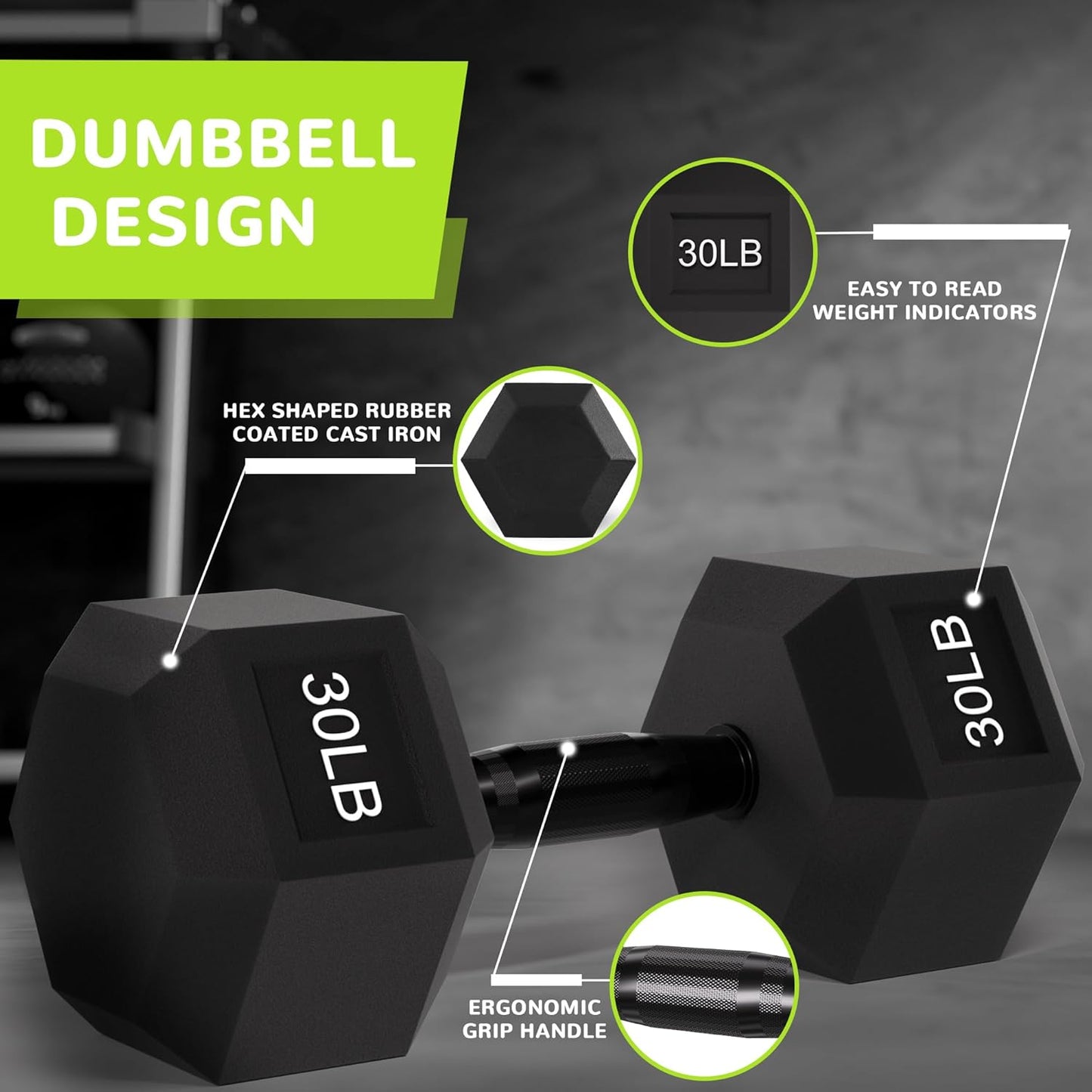 Rubber Encased Exercise & Fitness Hex Dumbbell, Hand Weights with Anti-Slip Metal Handle for Home Gym, Multiple Sizes