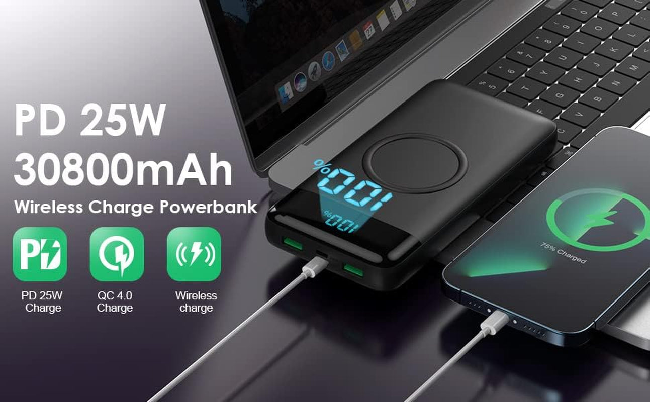 Wireless Portable Charger 30,800Mah 15W Wireless Charging 25W PD QC4.0 Fast Charging Smart LCD Display USB-C Power Bank, 4 Output External Battery Pack Compatible with Iphone 16/15/14/13, Samsung Etc