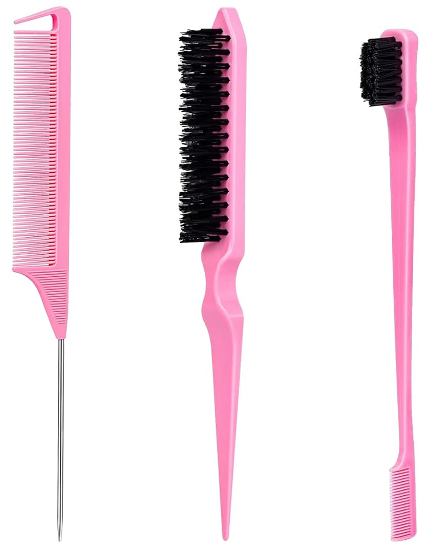 Pink Slick Back Hair Brush - Rat Tail Comb for Hair Parting, Teasing Comb for Enhancing Volume and Fullness, Edge Brush for Controlling Flyaways