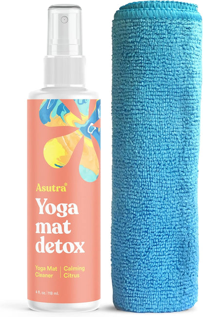 Yoga Mat Cleaner Spray (Peaceful Lavender), 4 Fl Oz - No Slippery Residue, Organic Essential Oils, Deep-Cleansing for Fitness Gear & Gym Equipment, Microfiber Towel Included