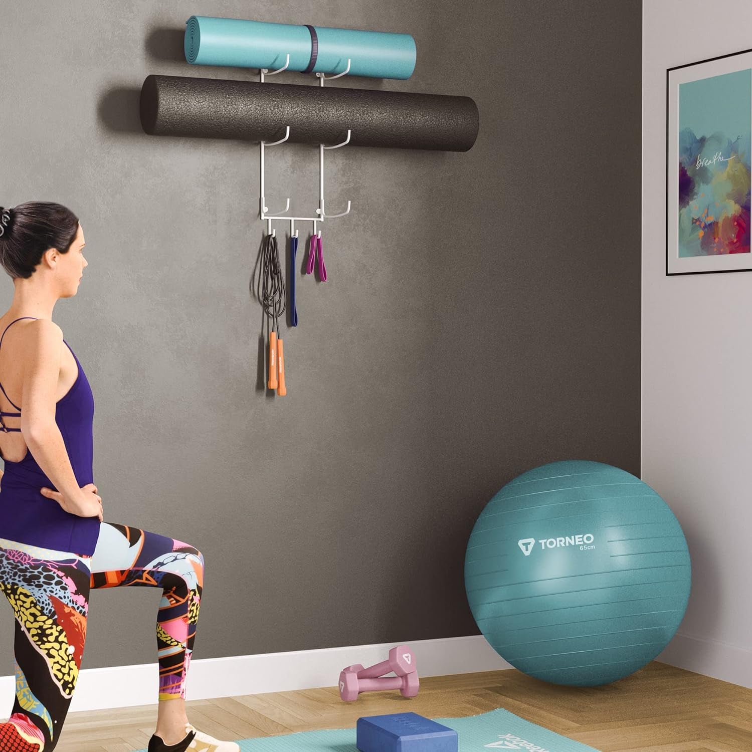 Guru Wall Mount Yoga Mat Foam Roller and Towel Rack with 3 Hooks for Hanging Yoga Strap and Resistance Bands, 3-Sectional Metal