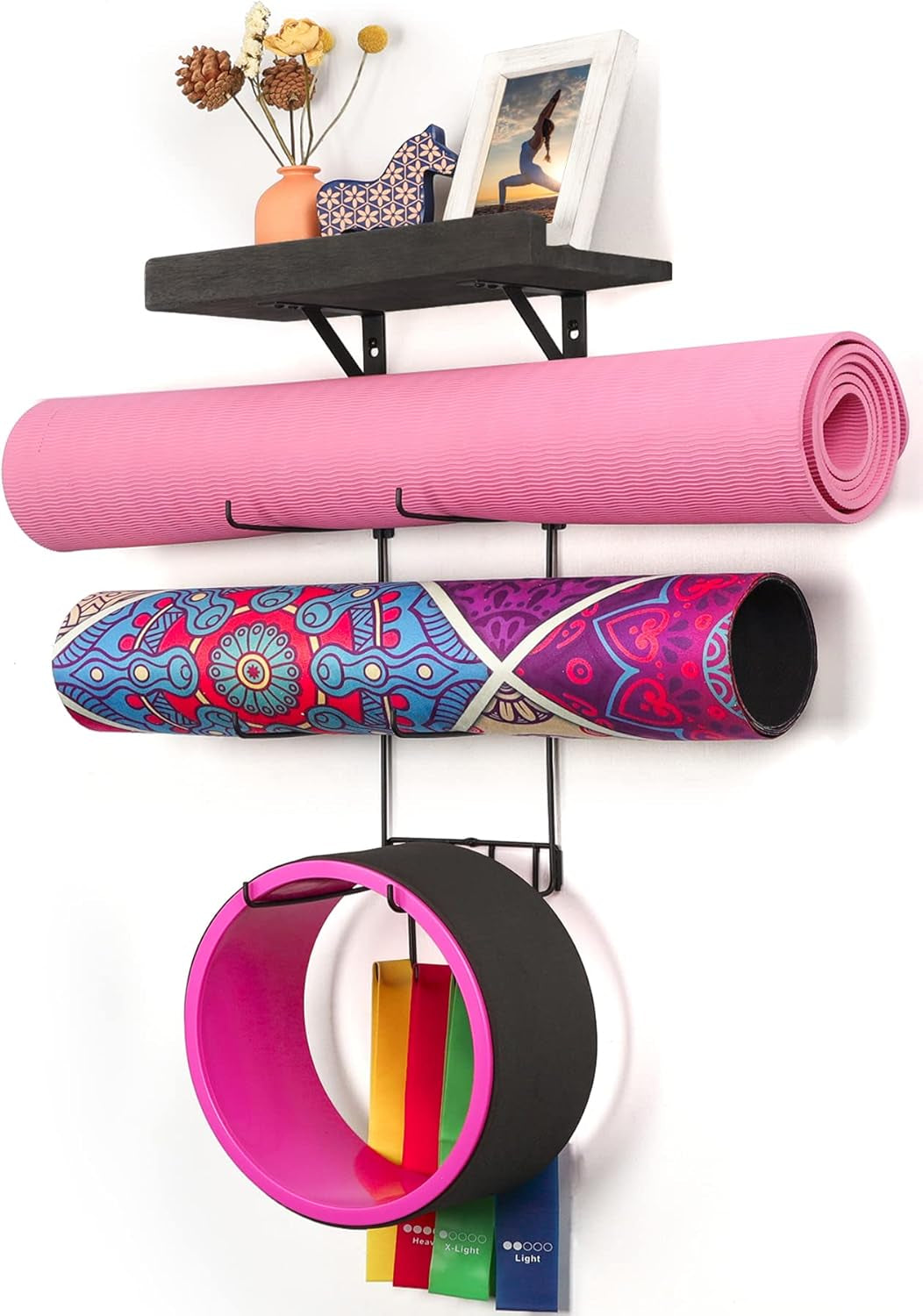 Yoga Mat Holder Wall Mount Yoga Mat Storage Home Gym Accessories with Wood Floating Shelves and 4 Hooks for Hanging Foam Roller and Resistance Bands Fitness Home Gym Carbonized Black