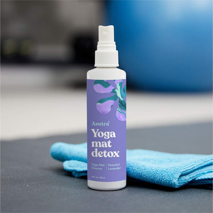 Yoga Mat Cleaner Spray (Peaceful Lavender), 4 Fl Oz - No Slippery Residue, Organic Essential Oils, Deep-Cleansing for Fitness Gear & Gym Equipment, Microfiber Towel Included