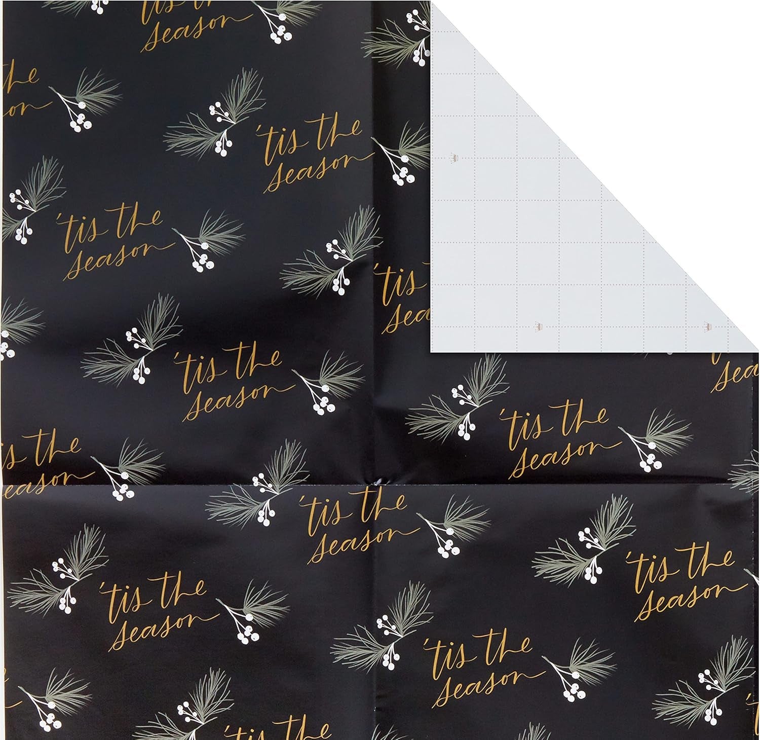 Christmas Flat Wrapping Paper Sheets with Cutlines on Reverse (12 Folded Sheets with Sticker Gift Tags) Metallic Gold, Sage Green, Black, Rustic Snowmen, Snowflakes, "Tis the Season"