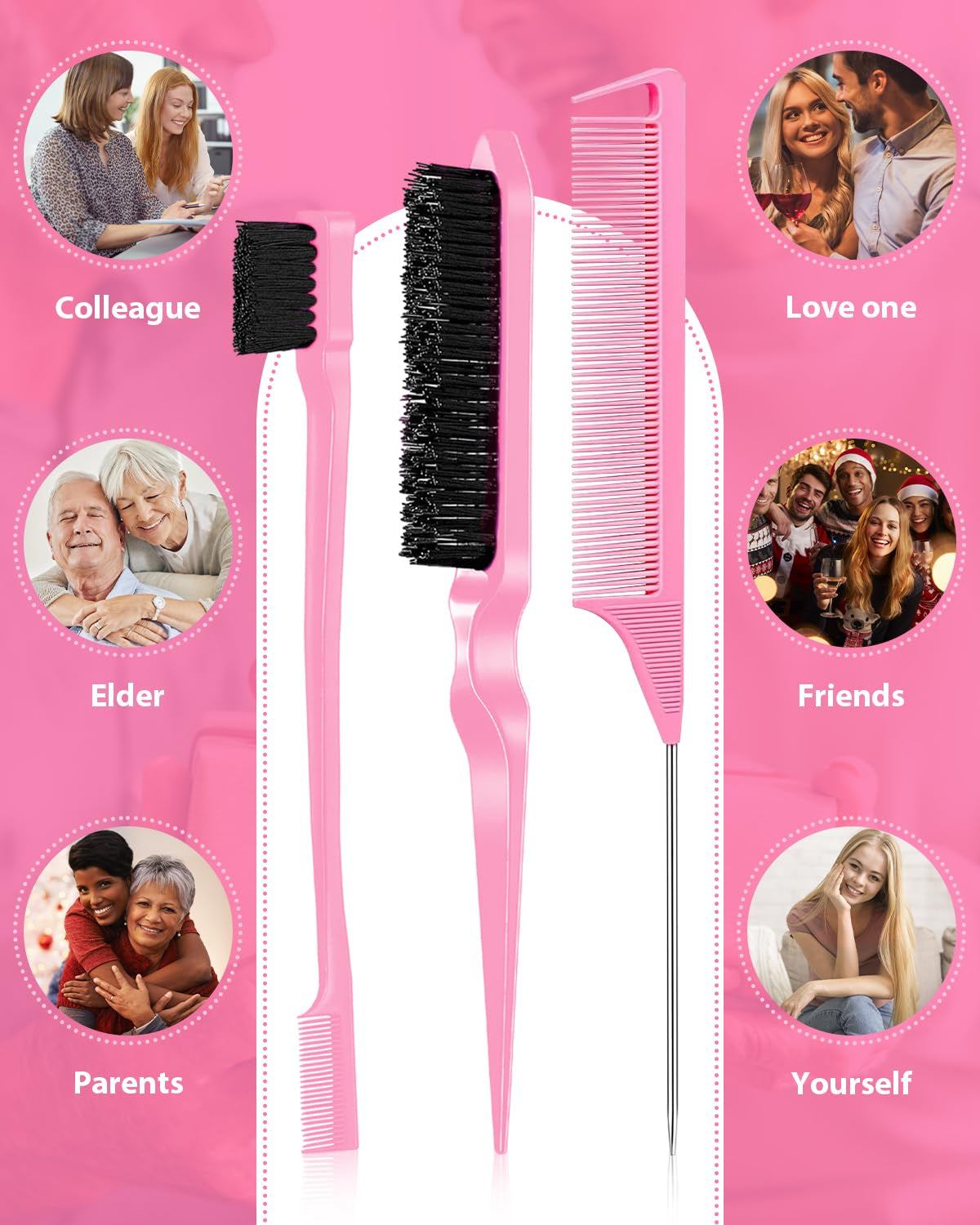 Pink Slick Back Hair Brush - Rat Tail Comb for Hair Parting, Teasing Comb for Enhancing Volume and Fullness, Edge Brush for Controlling Flyaways