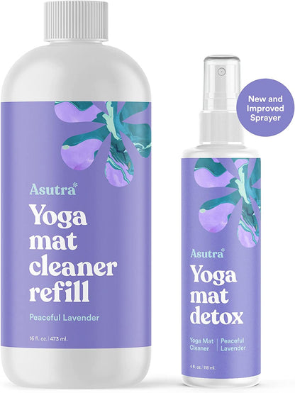 Yoga Mat Cleaner Spray (Peaceful Lavender), 4 Fl Oz - No Slippery Residue, Organic Essential Oils, Deep-Cleansing for Fitness Gear & Gym Equipment, Microfiber Towel Included