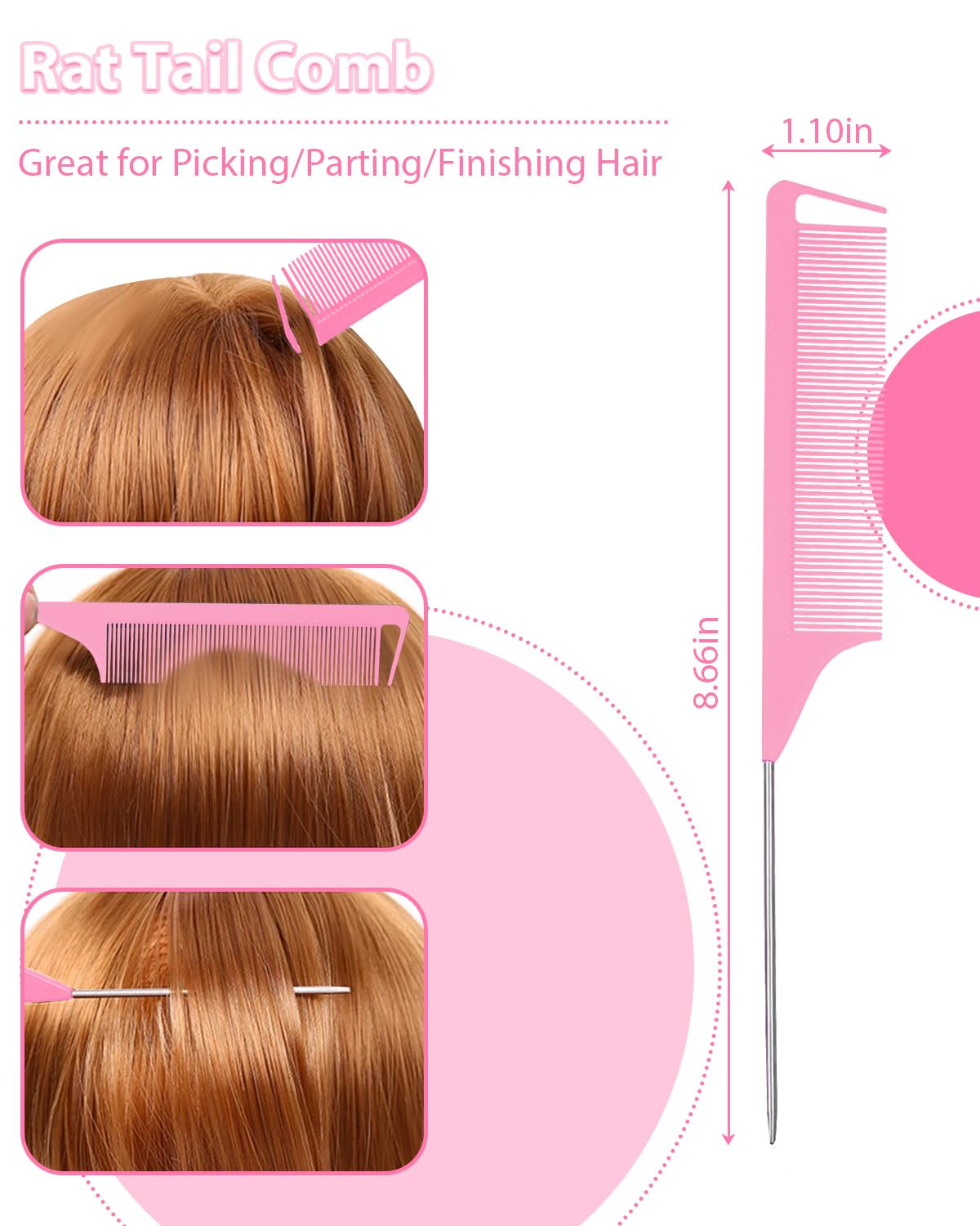 Pink Slick Back Hair Brush - Rat Tail Comb for Hair Parting, Teasing Comb for Enhancing Volume and Fullness, Edge Brush for Controlling Flyaways