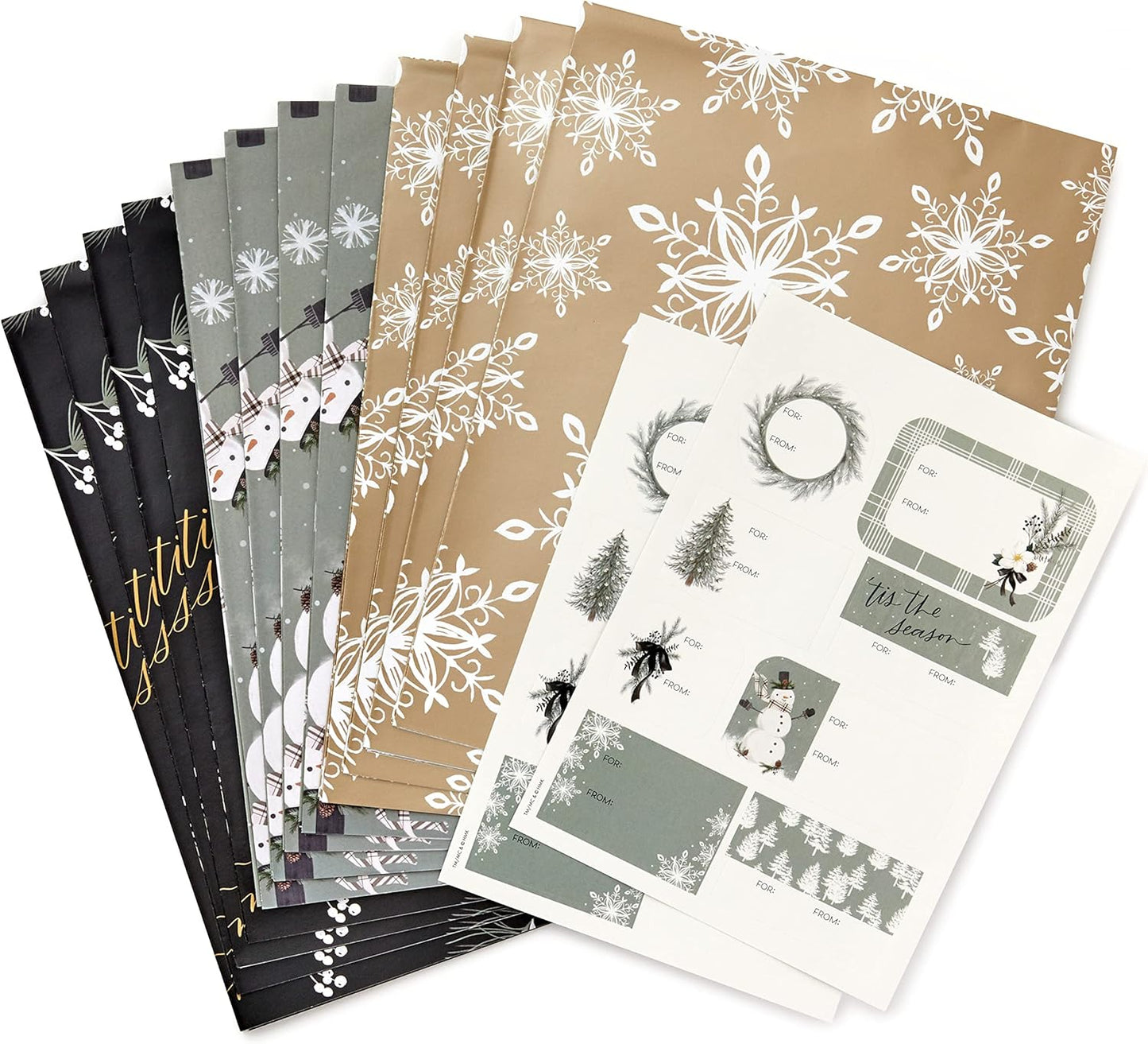 Christmas Flat Wrapping Paper Sheets with Cutlines on Reverse (12 Folded Sheets with Sticker Gift Tags) Metallic Gold, Sage Green, Black, Rustic Snowmen, Snowflakes, "Tis the Season"