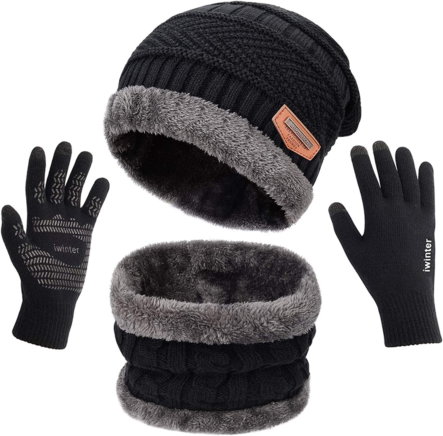 Winter Knit Beanie Hat Neck Warmer Scarf and Touch Screen Gloves Set 3 Pcs Fleece Lined Skull Cap for Men Women