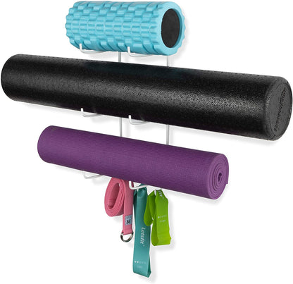 Guru Wall Mount Yoga Mat Foam Roller and Towel Rack with 3 Hooks for Hanging Yoga Strap and Resistance Bands, 3-Sectional Metal