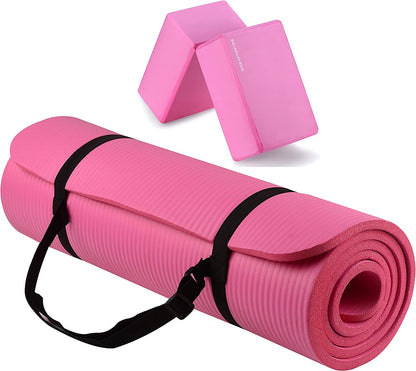 All Purpose 1/2-Inch Extra Thick High Density Anti-Tear Exercise Yoga Mat with Carrying Strap with Optional Yoga Blocks, Multiple Colors