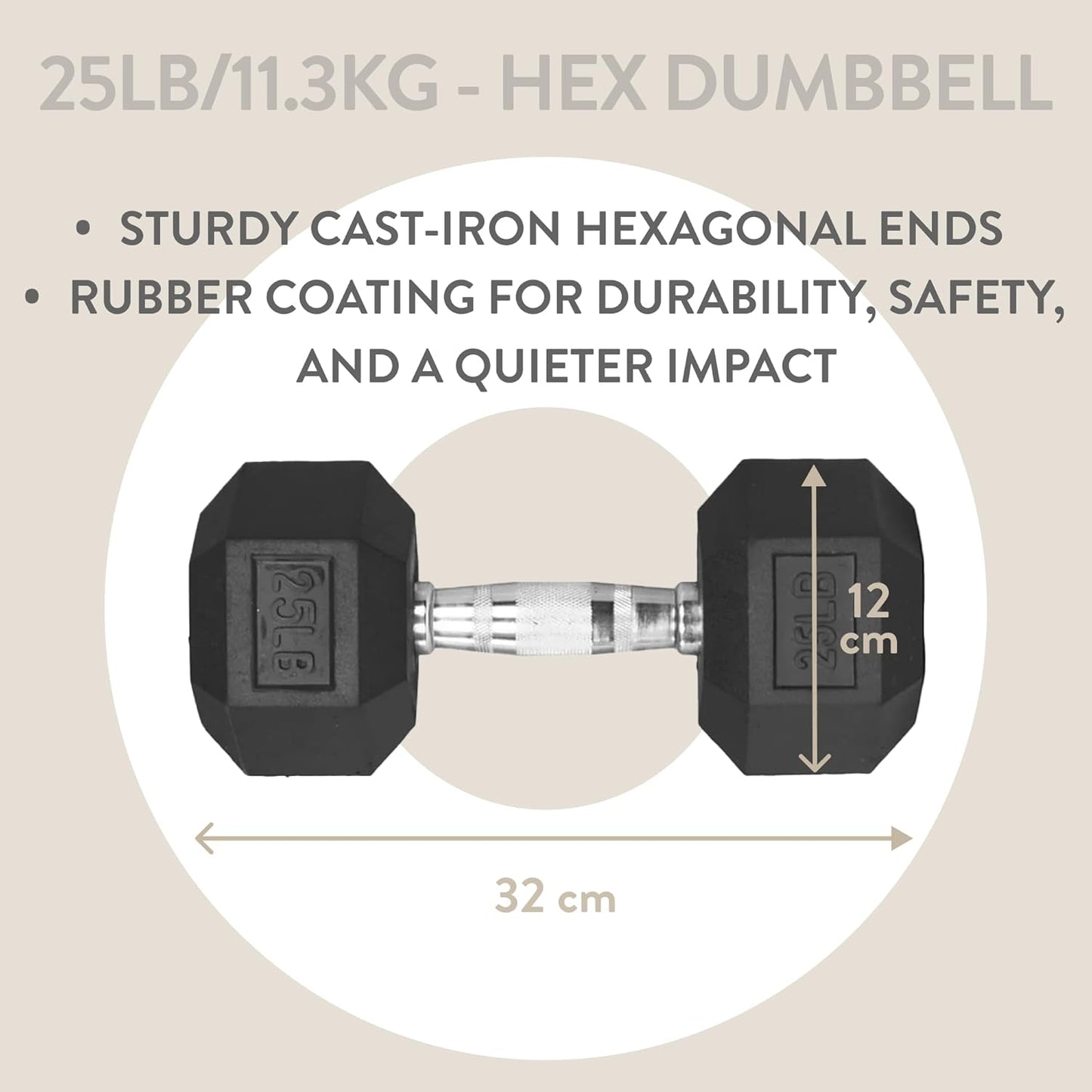 Rubber Coated Hex Dumbbell - 25 Lb. - 11.3 Kg - Single Hand Weight for Workout & Exercise