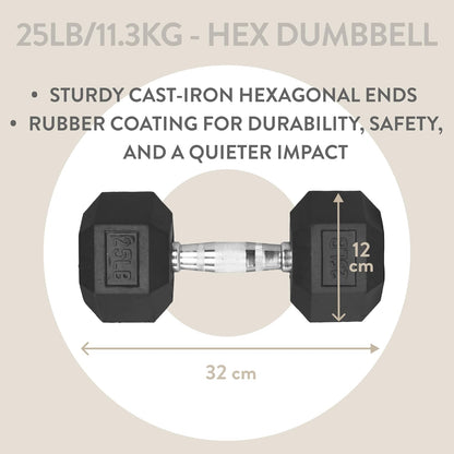 Rubber Coated Hex Dumbbell - 25 Lb. - 11.3 Kg - Single Hand Weight for Workout & Exercise