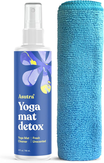 Yoga Mat Cleaner Spray (Peaceful Lavender), 4 Fl Oz - No Slippery Residue, Organic Essential Oils, Deep-Cleansing for Fitness Gear & Gym Equipment, Microfiber Towel Included