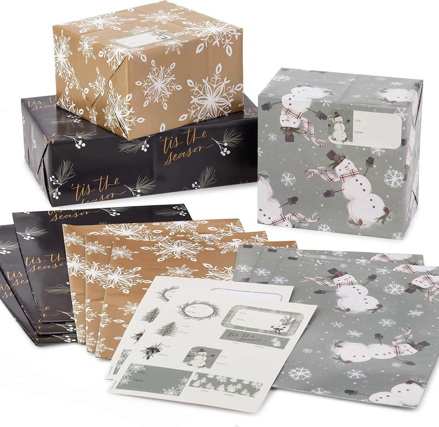 Christmas Flat Wrapping Paper Sheets with Cutlines on Reverse (12 Folded Sheets with Sticker Gift Tags) Metallic Gold, Sage Green, Black, Rustic Snowmen, Snowflakes, "Tis the Season"